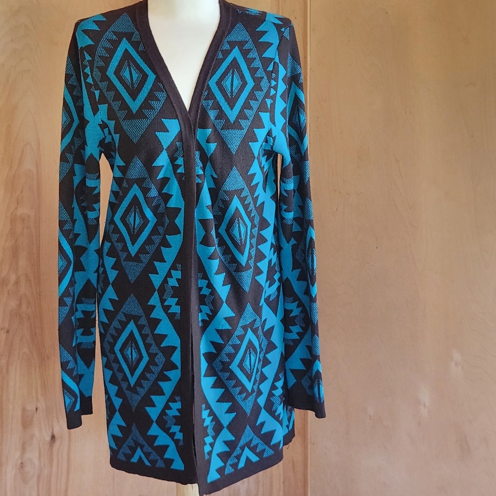 Cowgirl Legend Aztec Print Open Front Cardigan Turquoise Black Southwestern